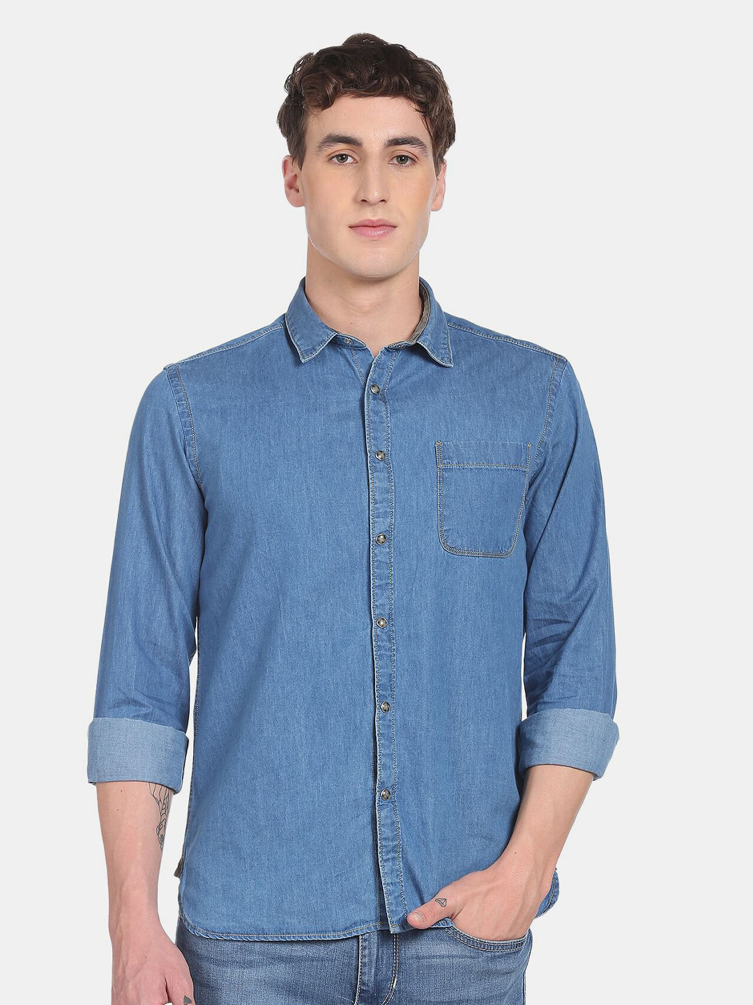 

Flying Machine Men Regular Fit Solid Cotton Casual Shirt, Blue