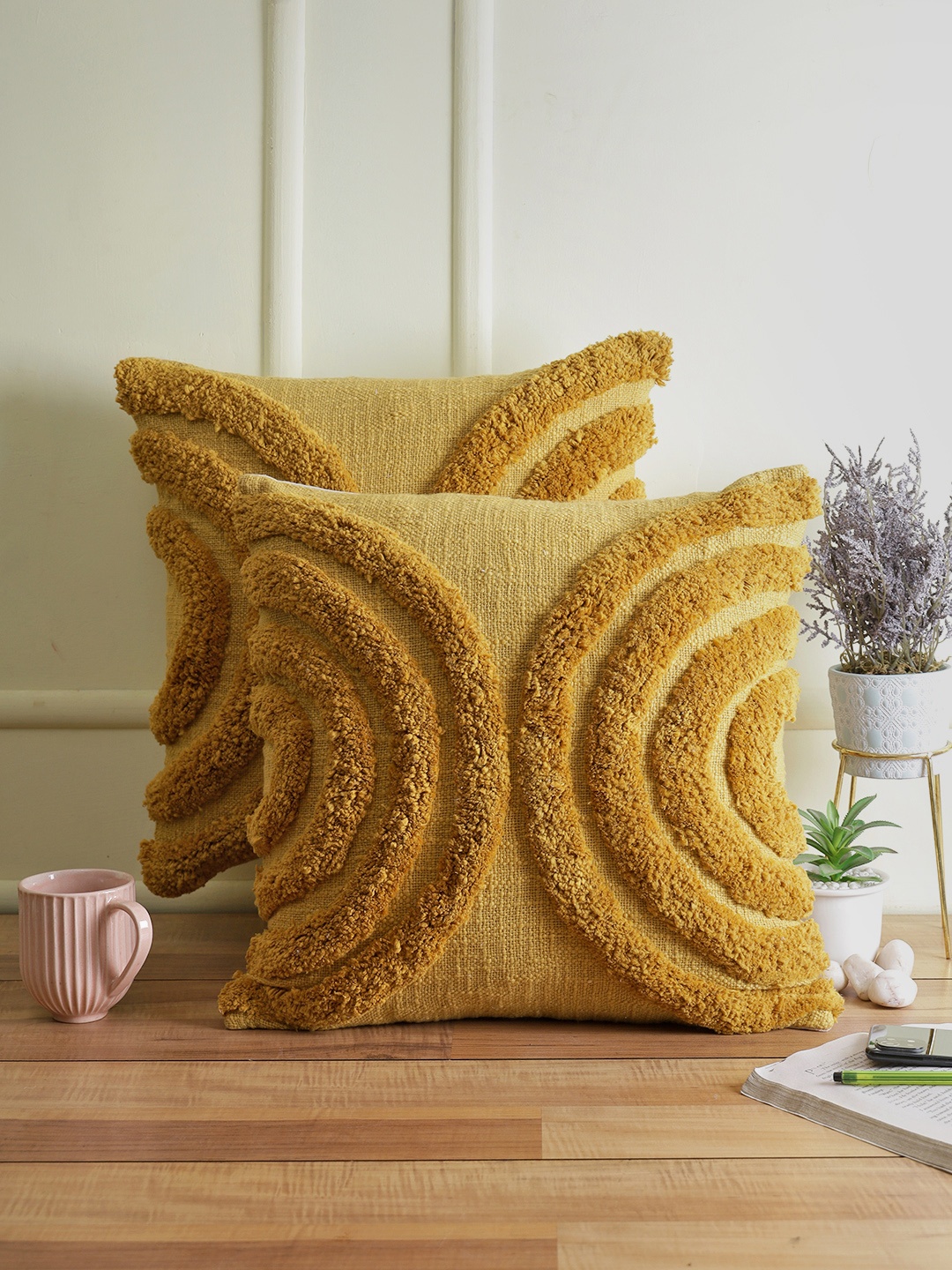 

Sangria Set of 2 Embroidered Square Cushion Covers, Beige
