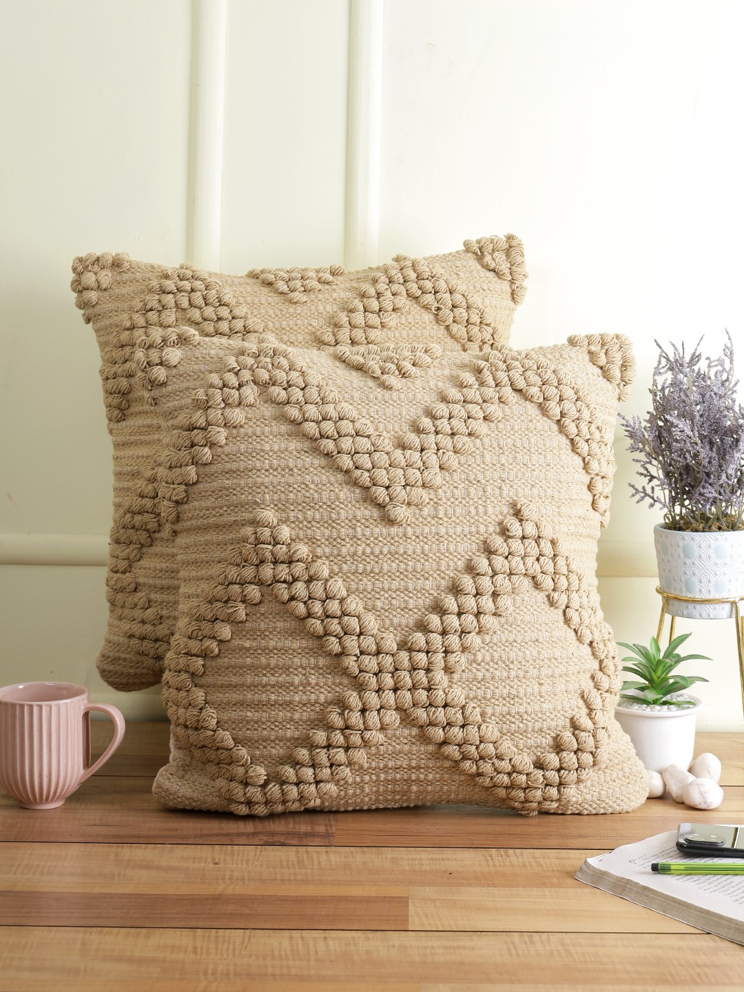 

Sangria Set of 2 Square Cushion Covers, Beige