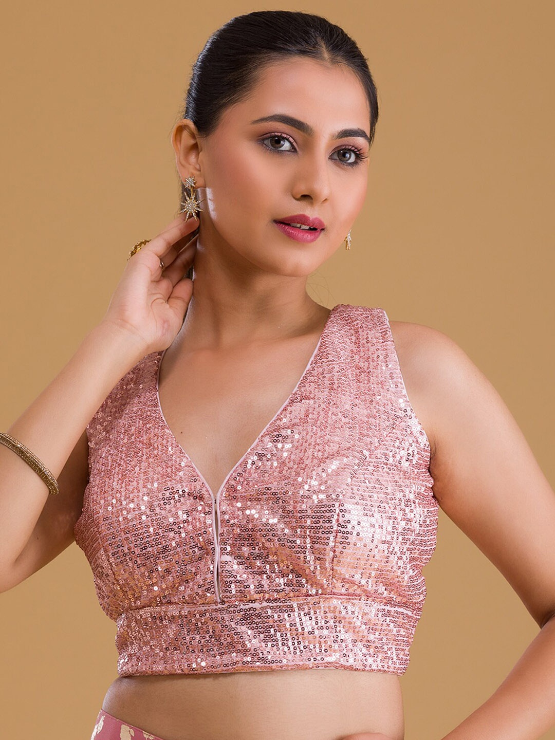 

Koskii Women Baby Pink Sequined Net Designer Blouse
