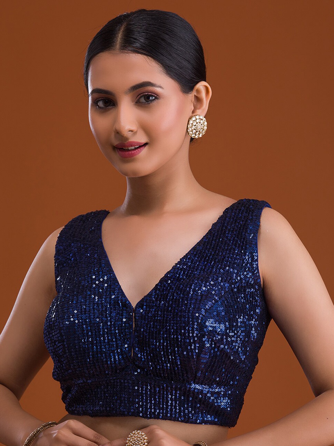 

Koskii Women Navy Blue Embellished V-Neck Net Saree Blouse