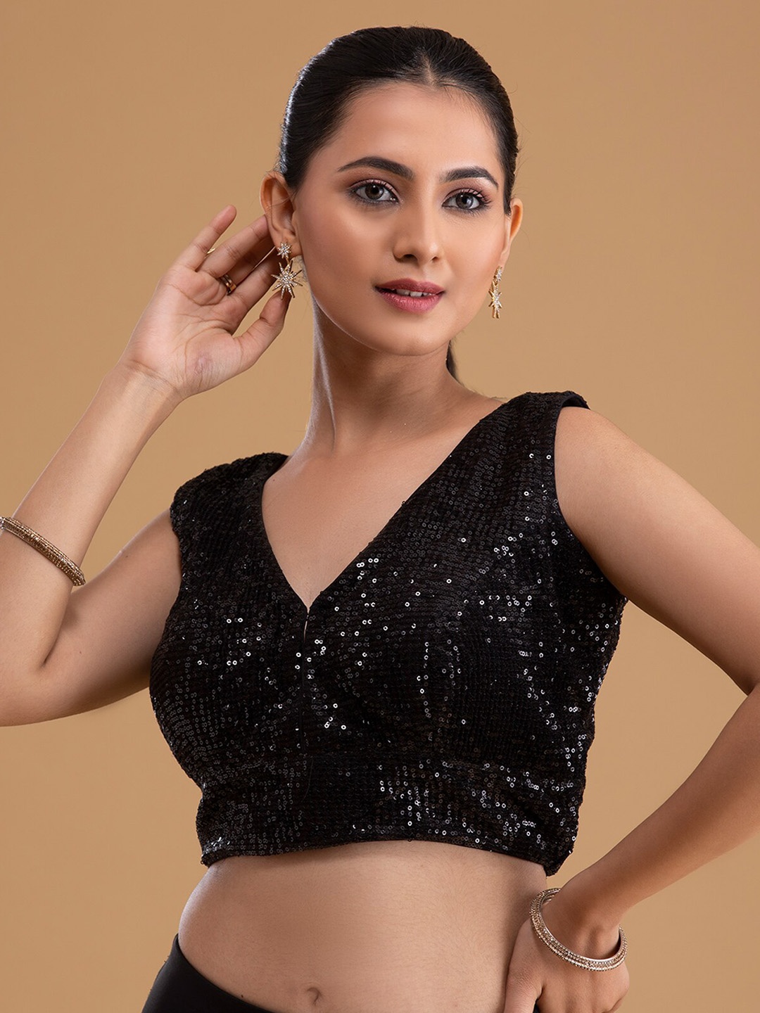 

Koskii Women Black Sequined Net Designer Sleeveless Saree Blouse