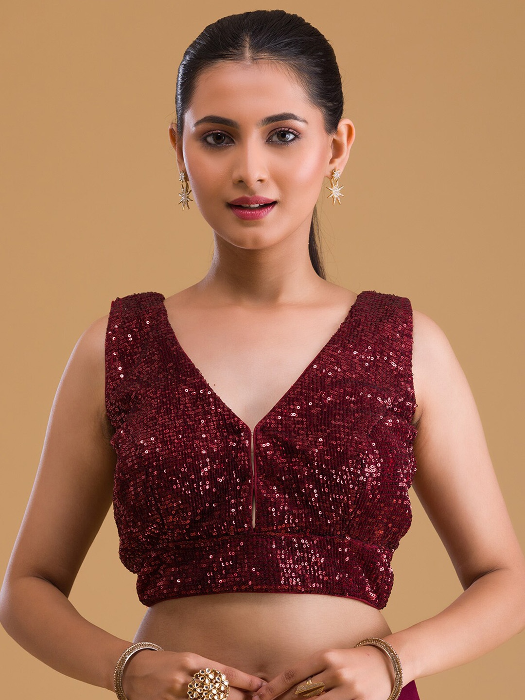 

Koskii Maroon Sequins Embellished Blouse