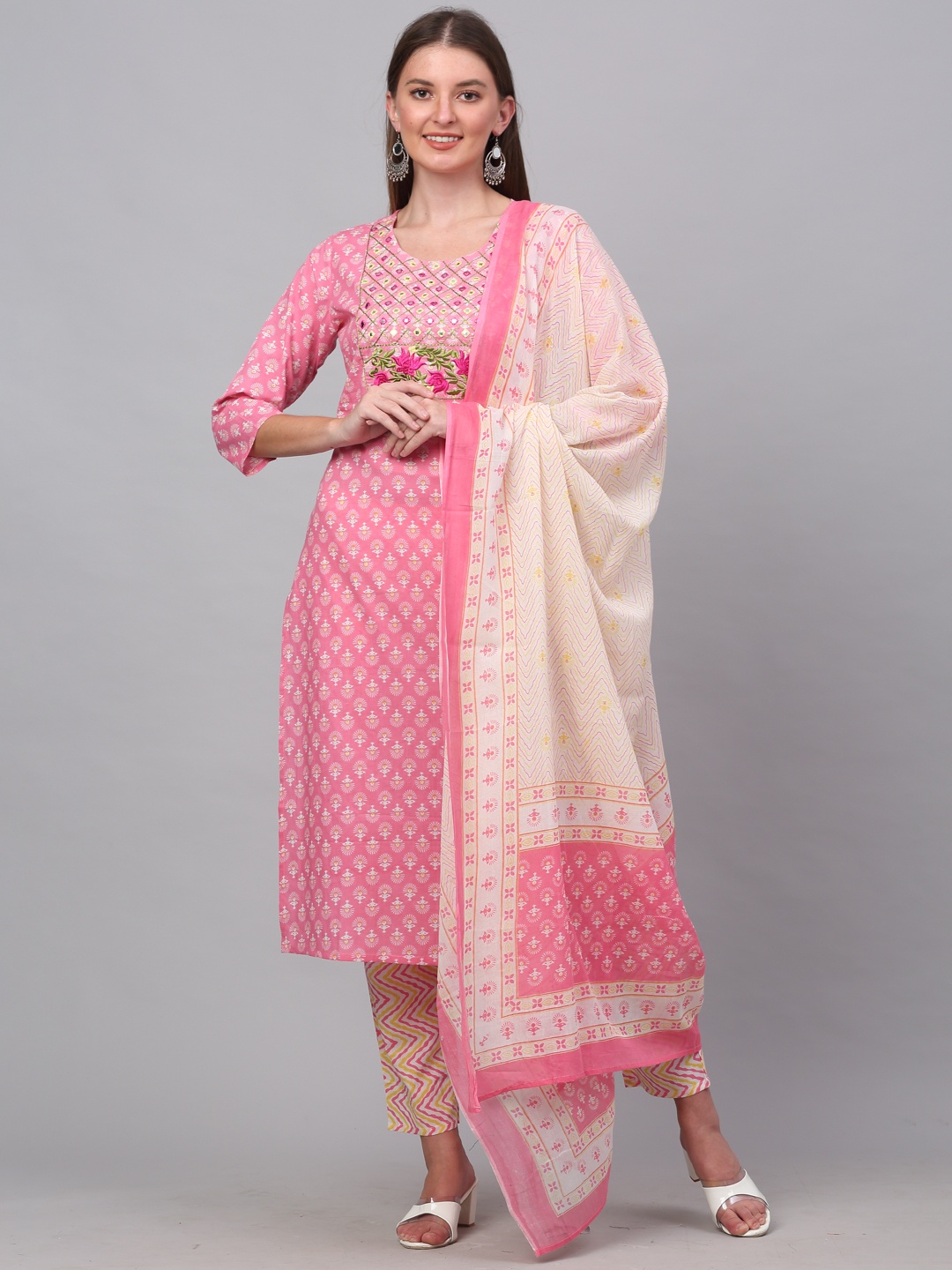 

KALINI Women Pink Floral Printed Pure Cotton Kurta with Trousers & With Dupatta