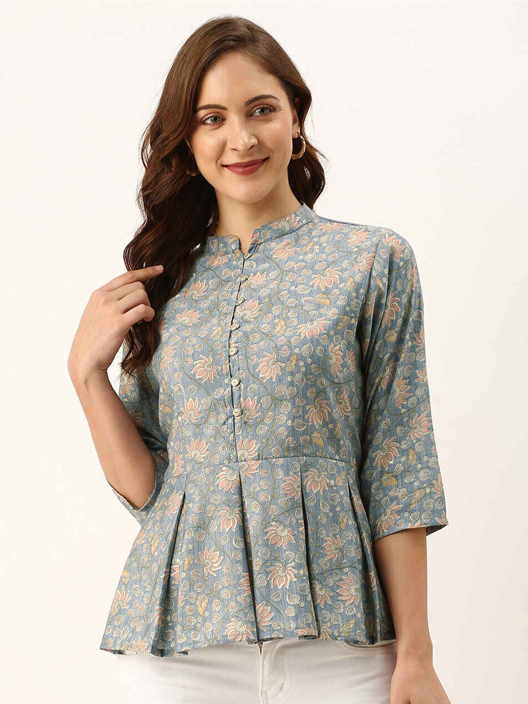 

ZOLA Turquoise Blue & Green Mandarin Collar Printed Tunic