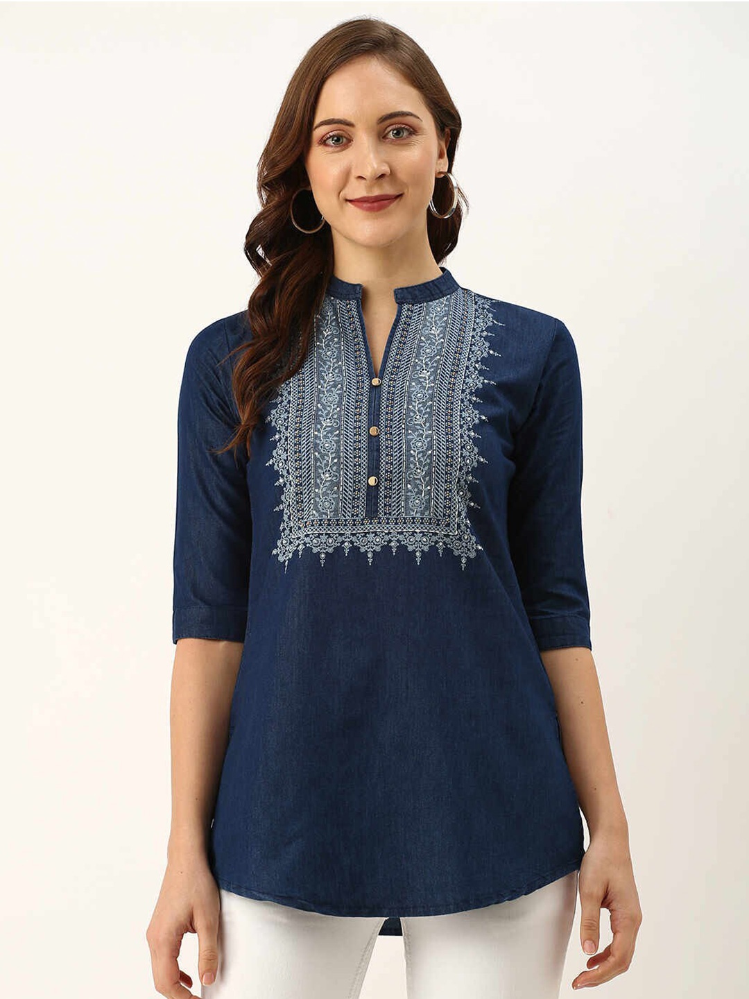

ZOLA Women Navy Blue & White Mandarin Collar Printed Cotton Tunic