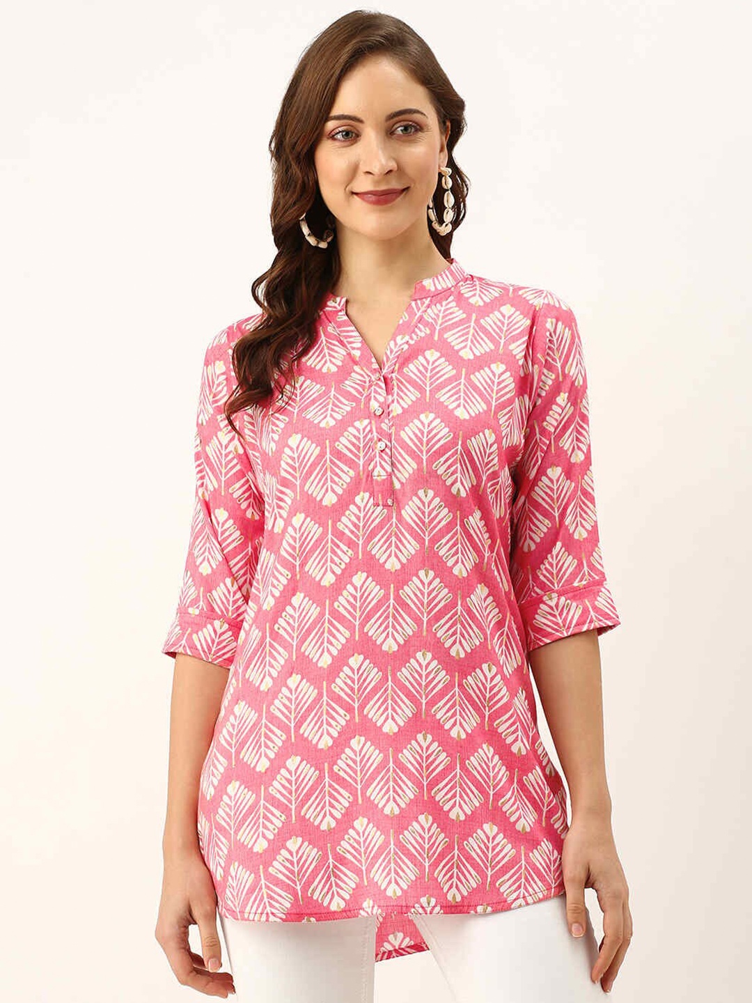 

ZOLA Women Pink & White Printed Viscose Rayon Mandarin Collar Straight Tunic