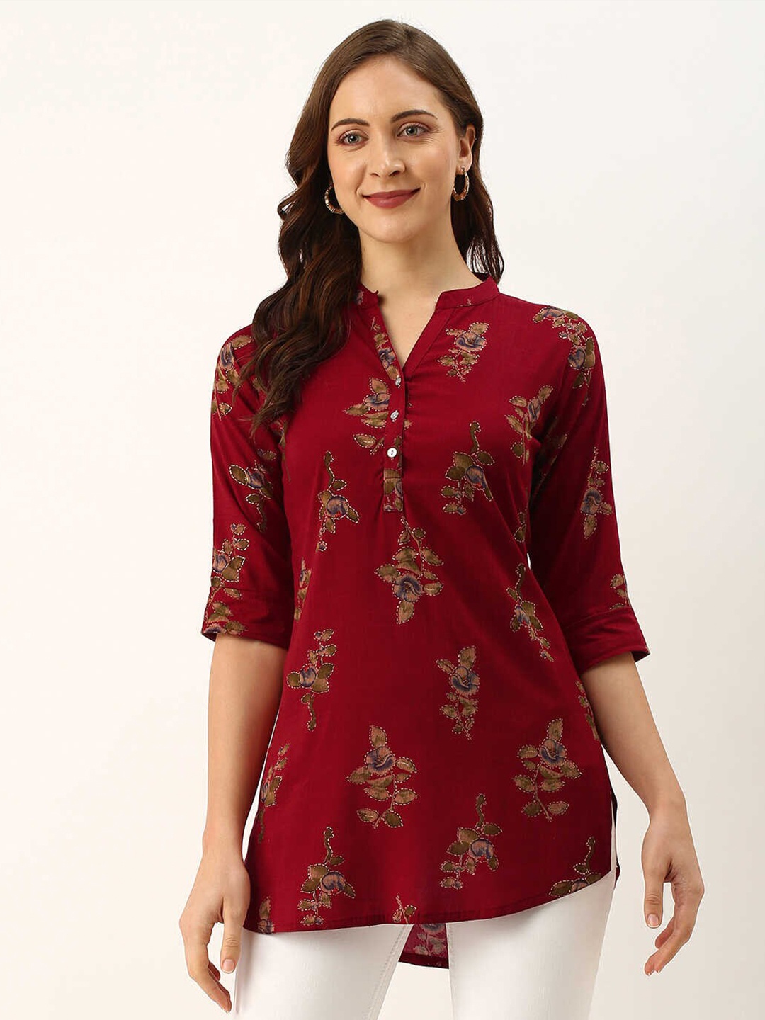 

ZOLA Women Maroon & Olive Green Printed Mandarin Collar Tunic