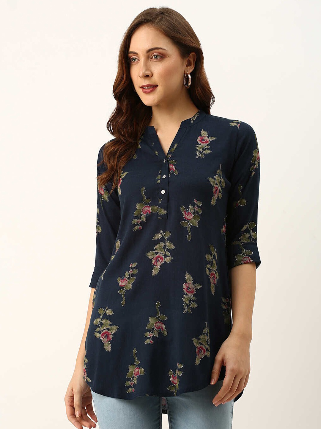 

ZOLA Women Navy Blue & Pink Floral Printed Mandarin Collar Tunic