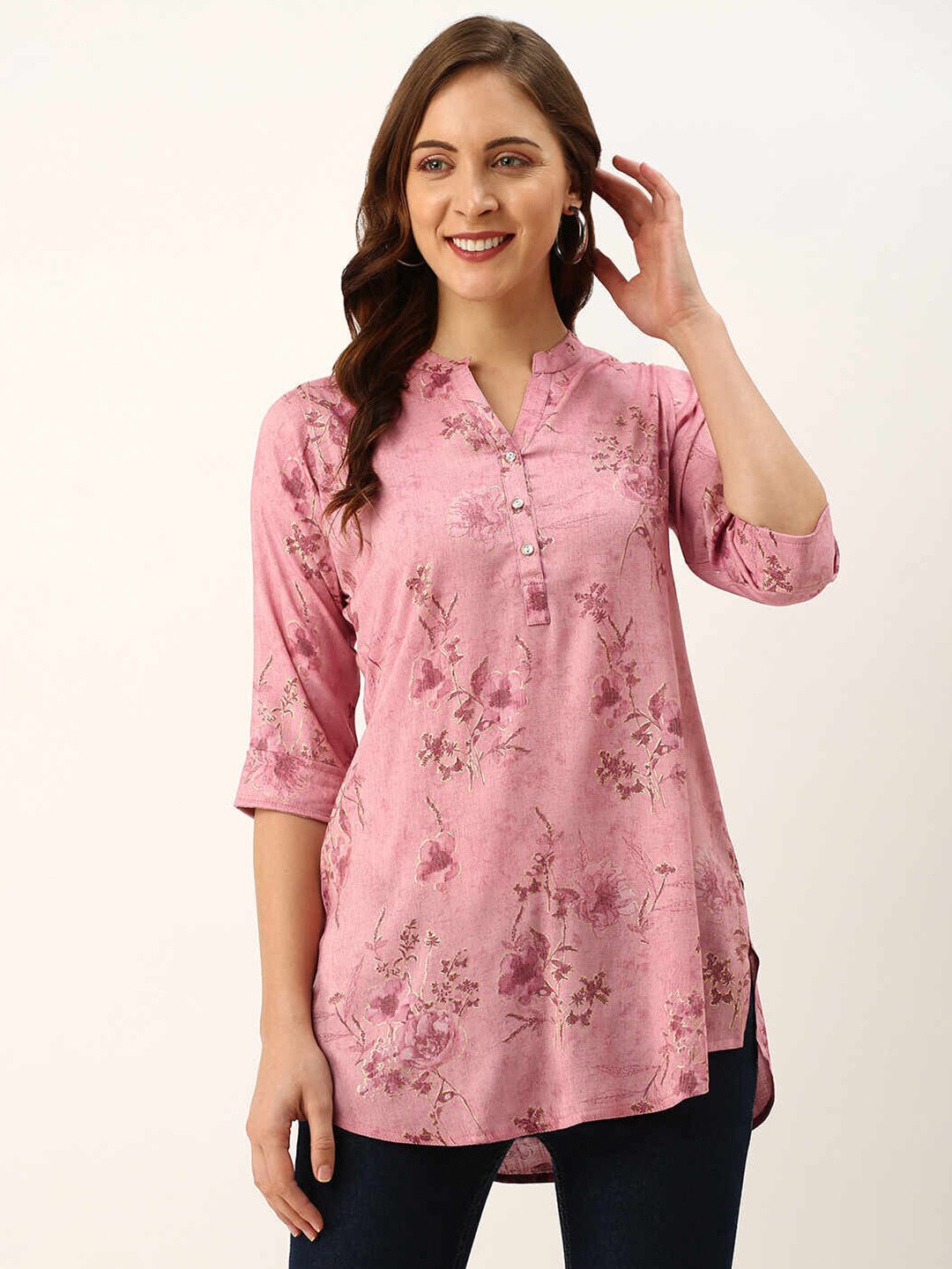 

ZOLA Women Pink Viscose Rayon Mandarin Collar Printed Tunic