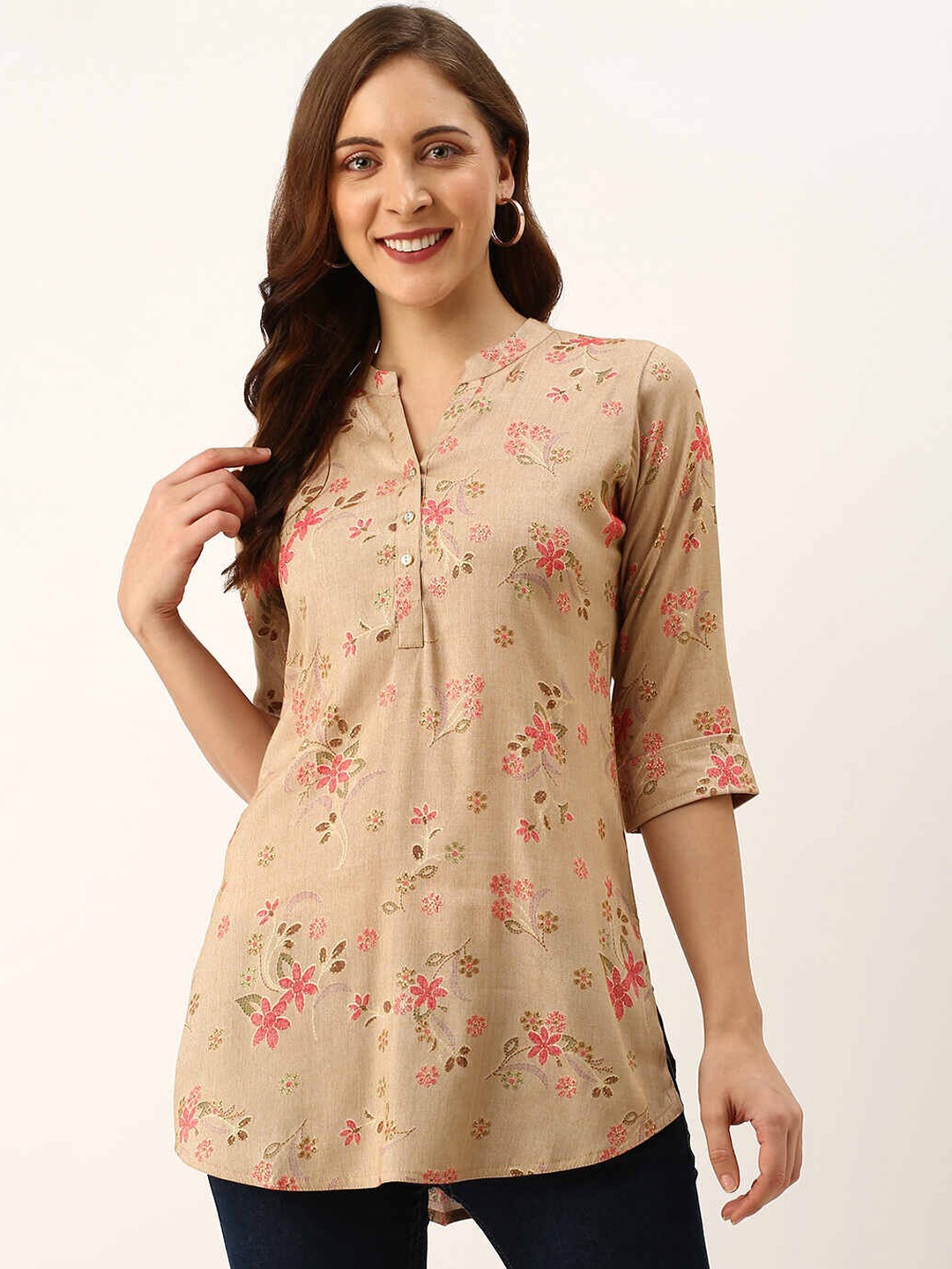

ZOLA Beige & Pink Viscose Rayon Mandarin Collar Printed Tunic