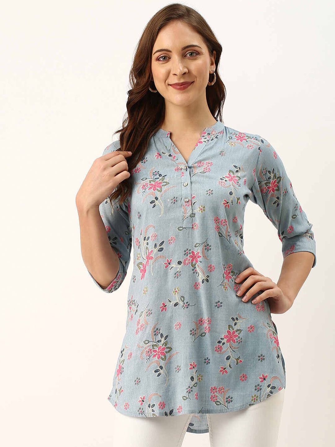 

ZOLA Women Turquoise Blue & Green Floral Printed Mandarin Collar High Low Tunic