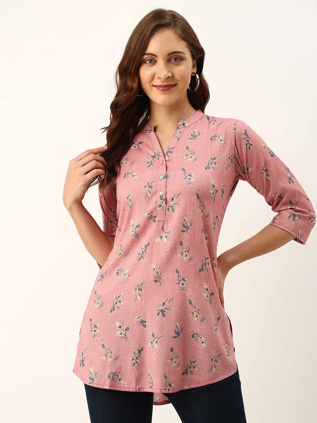 

ZOLA Women Pink & Grey Printed Mandarin Collar Rayon Tunic