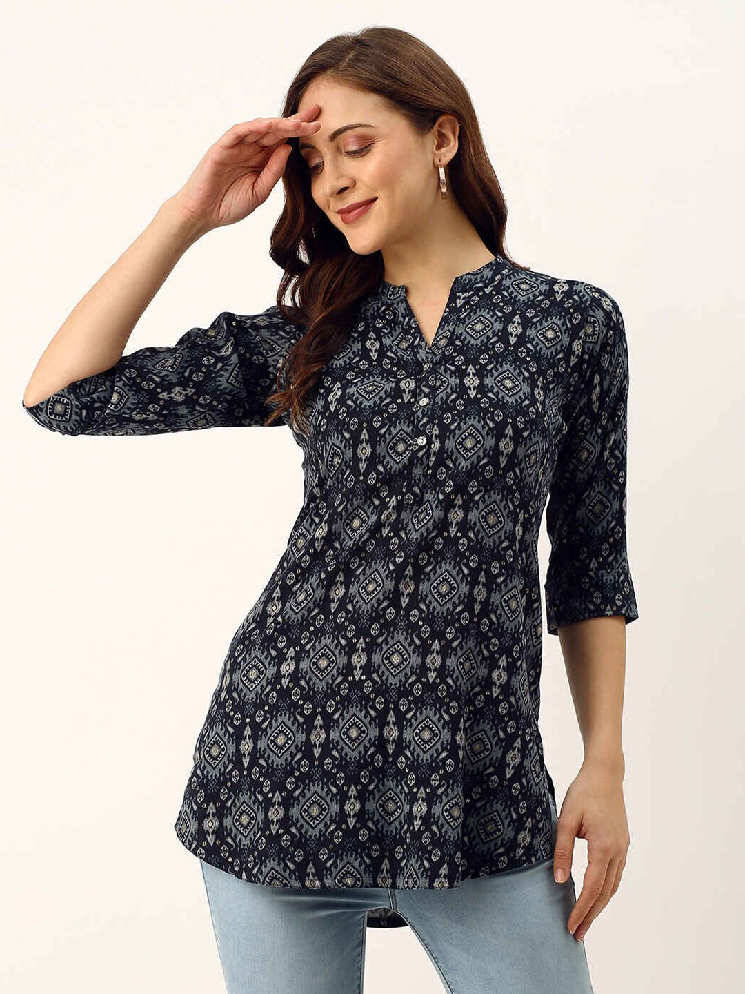 

ZOLA Navy Blue & Grey Viscose Rayon Mandarin Collar Printed Tunic