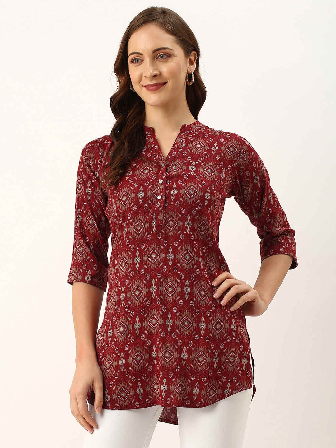 

ZOLA Women Maroon & White Mandarin Collar Printed Tunic