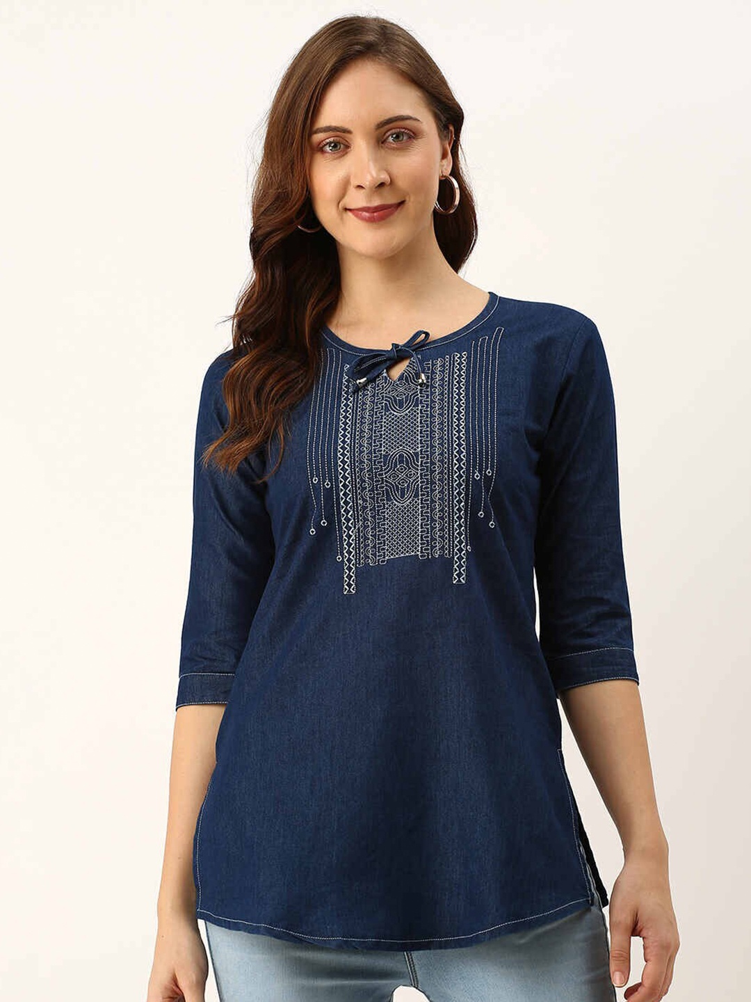 

ZOLA Navy Blue & White Embroidered Tunic