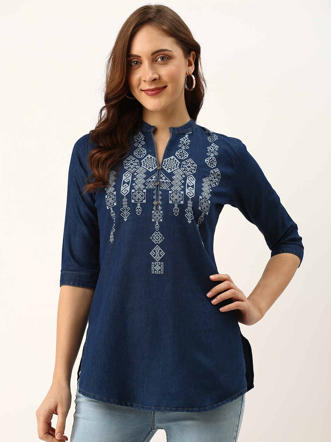 

ZOLA Women Navy Blue & Off White Mandarin Collar Ethnic Printed Tunic