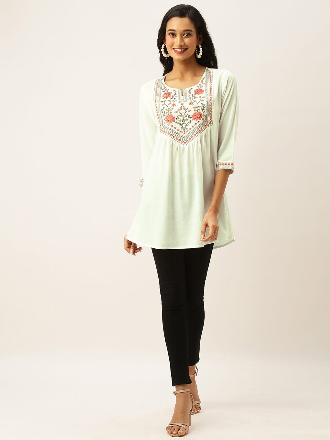 

ZOLA Women White & Pink Viscose Rayon Embroidered Tunic