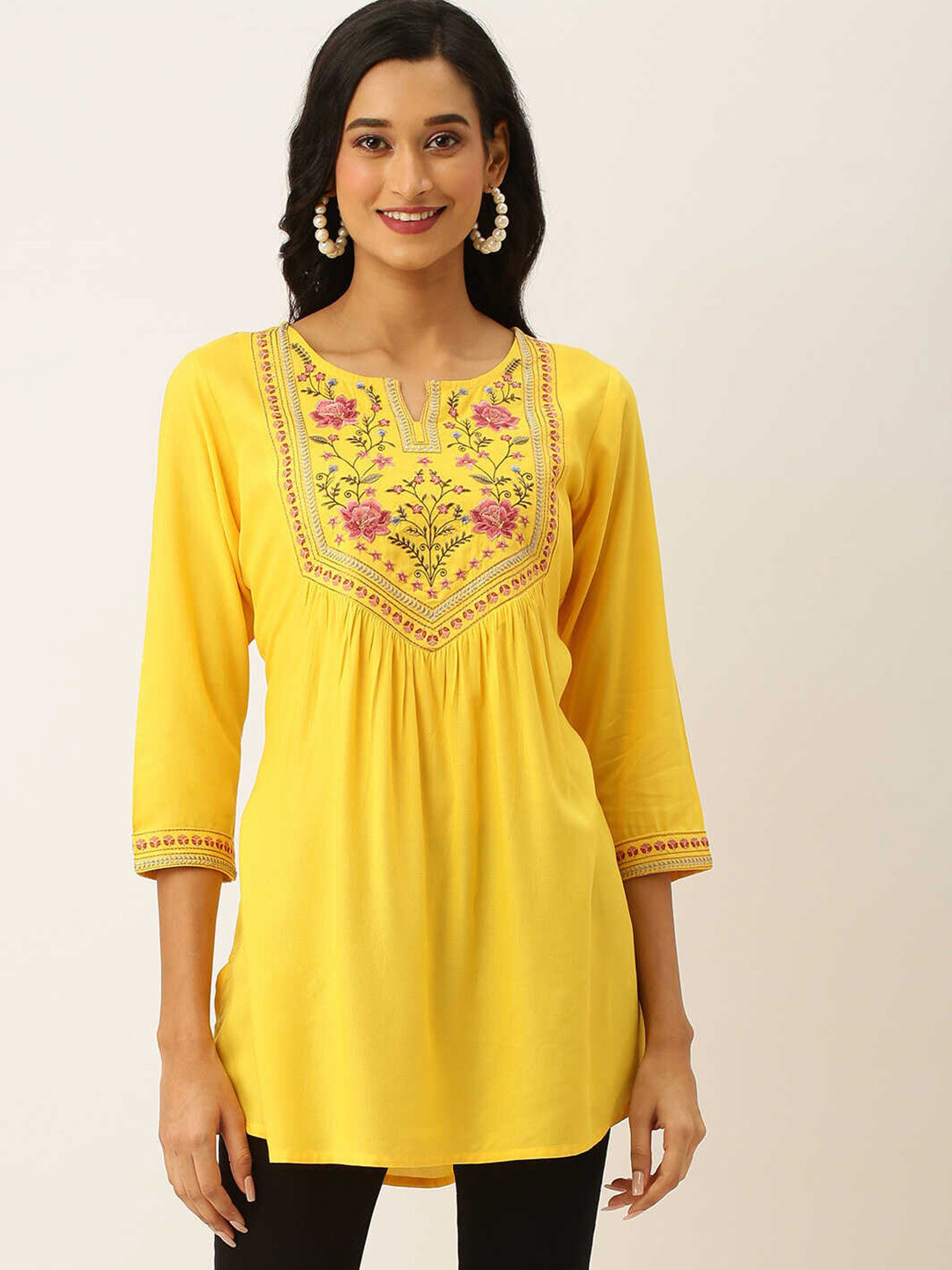 

ZOLA Women Yellow And Pink Floral Embroidered Tunic