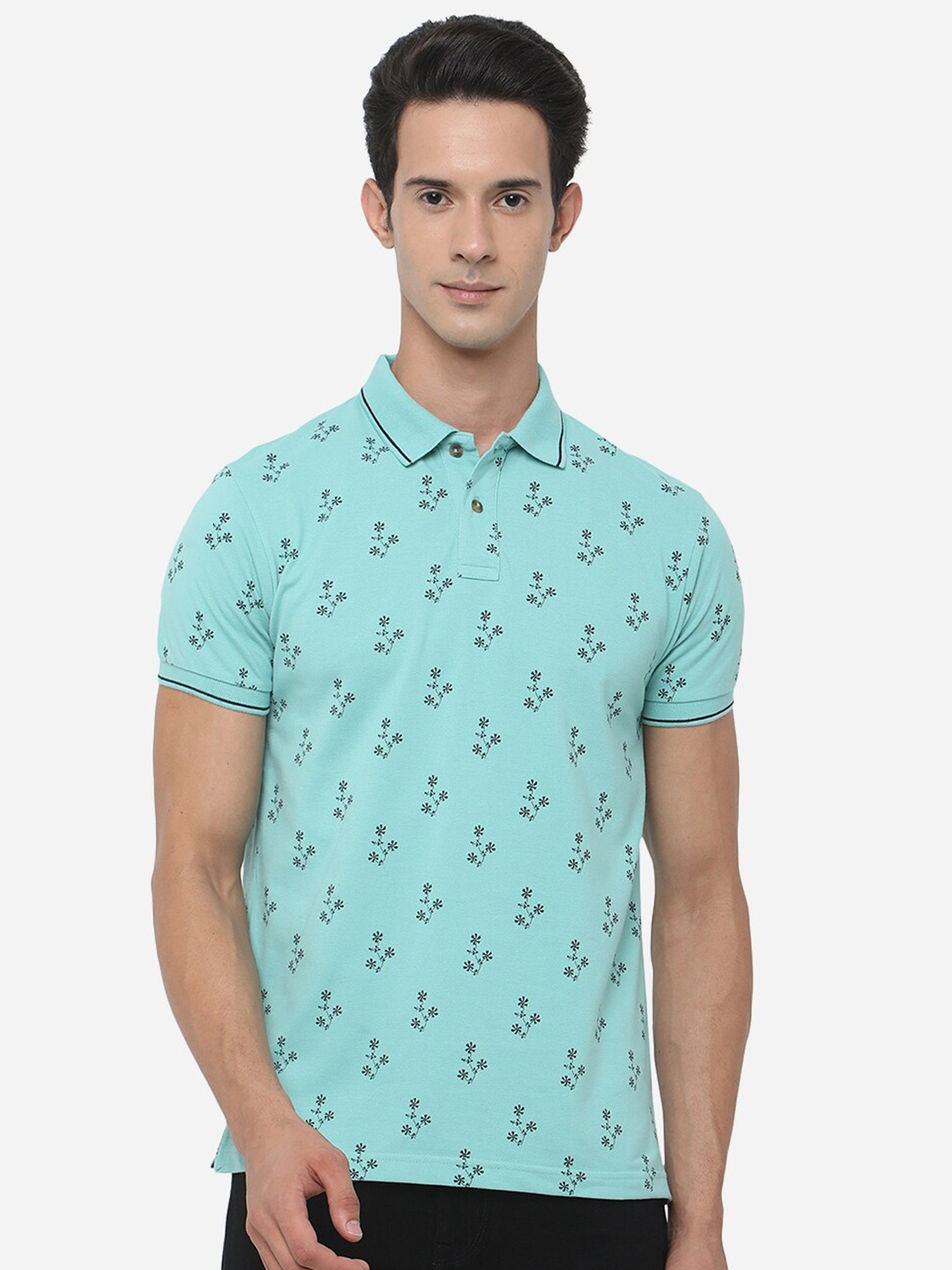 

Greenfibre Men Blue Printed Polo Collar Slim Fit T-shirt