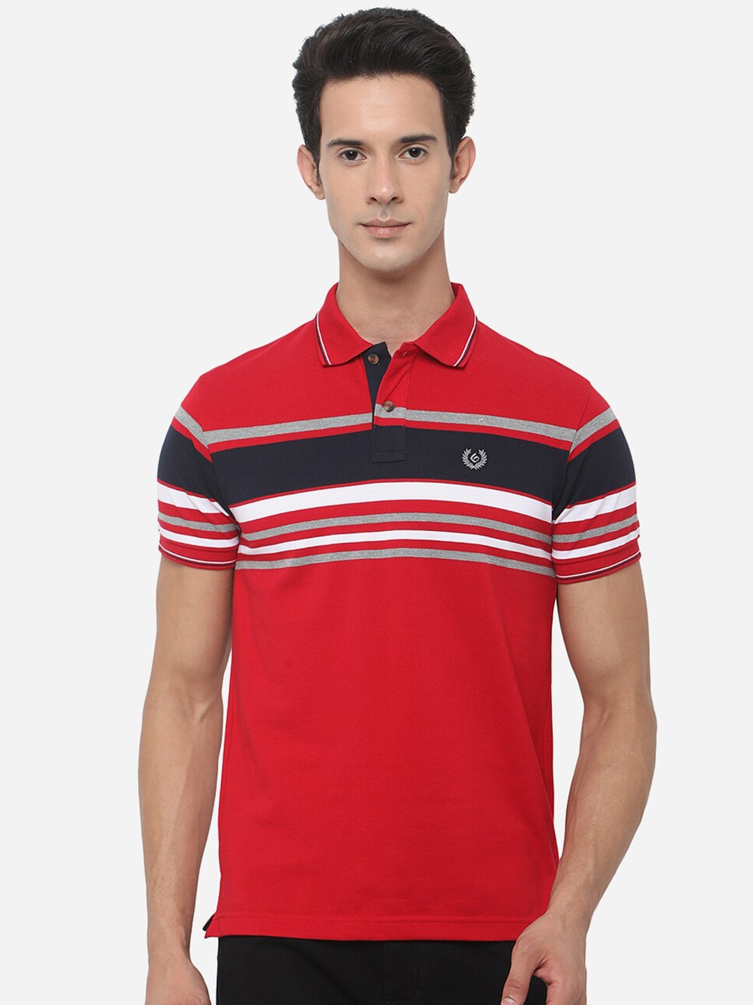 

Greenfibre Men Red Striped Polo Collar Slim Fit T-shirt