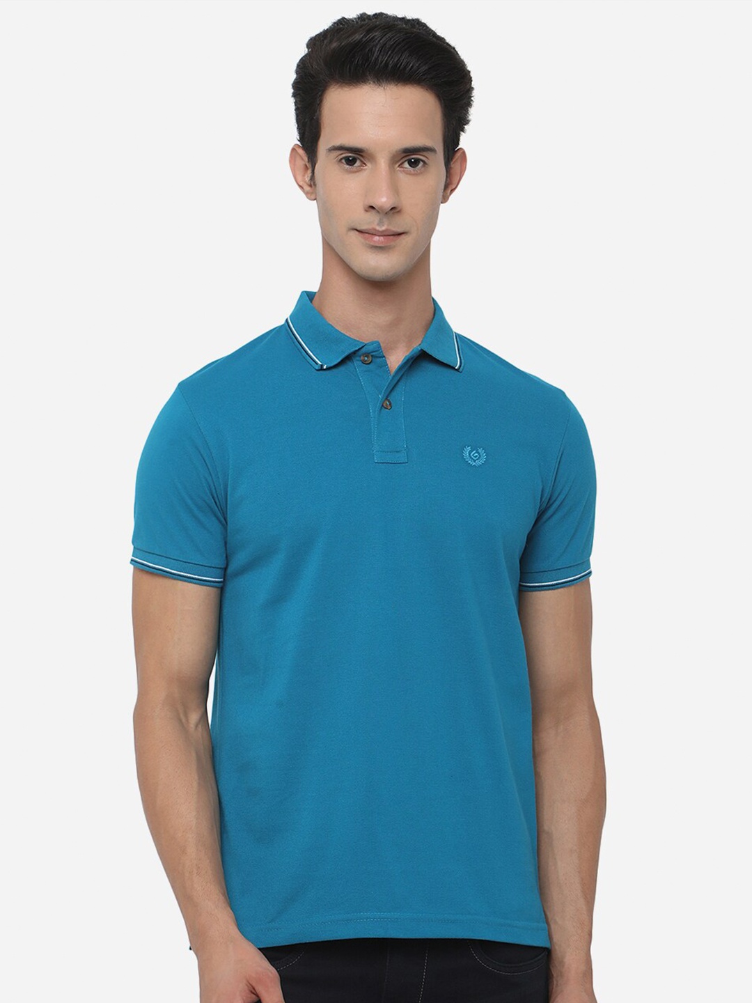 

Greenfibre Men Blue Polo Collar Slim Fit Cotton T-shirt