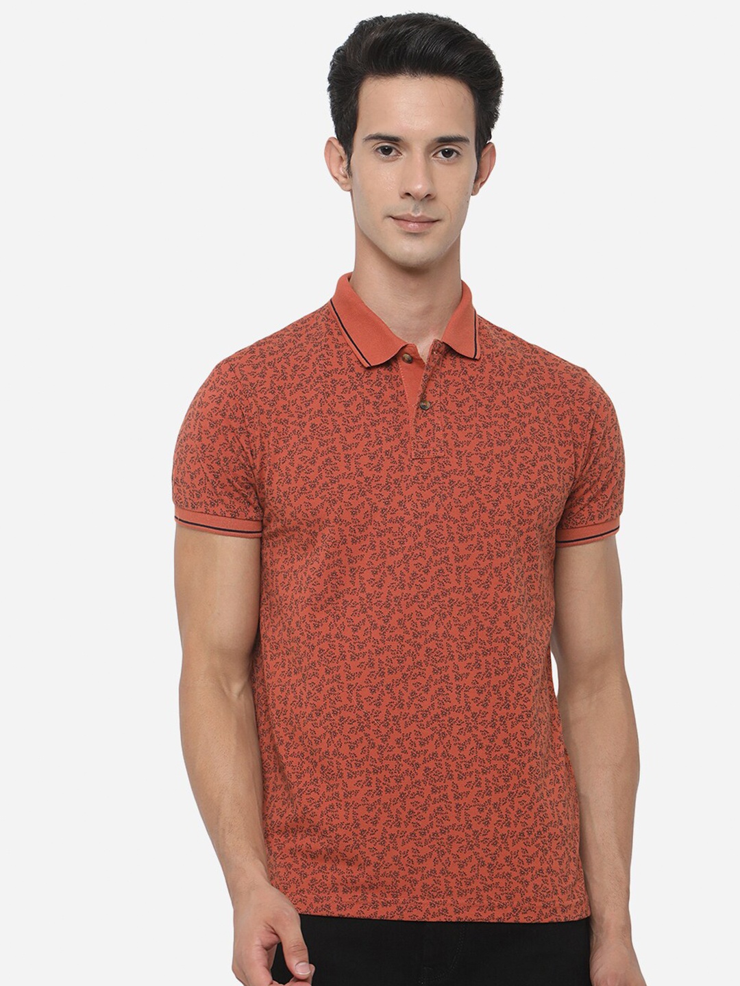

Greenfibre Men Floral Printed Polo Collar Slim Fit Cotton T-shirt, Red