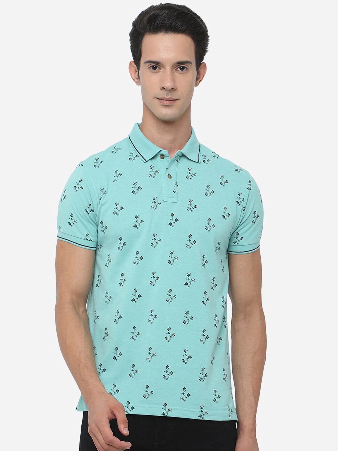 

Greenfibre Men Blue Printed Polo Collar Slim Fit T-shirt