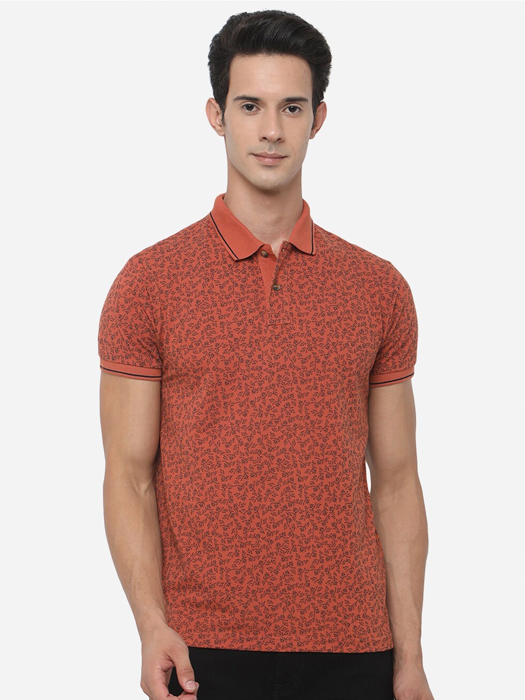 

Greenfibre Men Floral Printed Polo Collar Slim Fit Cotton T-shirt, Rust