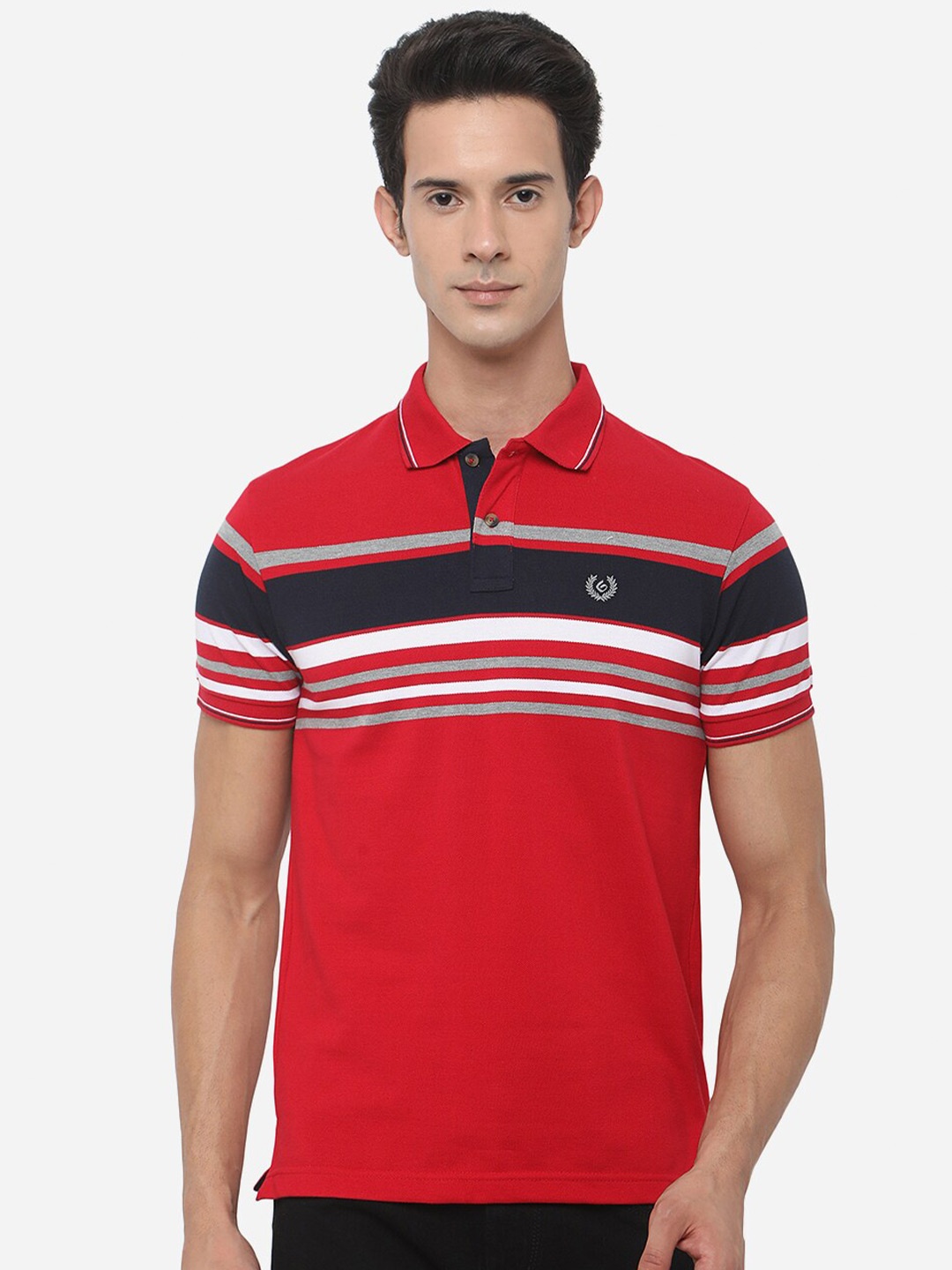 

Greenfibre Men Red Striped Polo Collar Slim Fit Cotton T-shirt