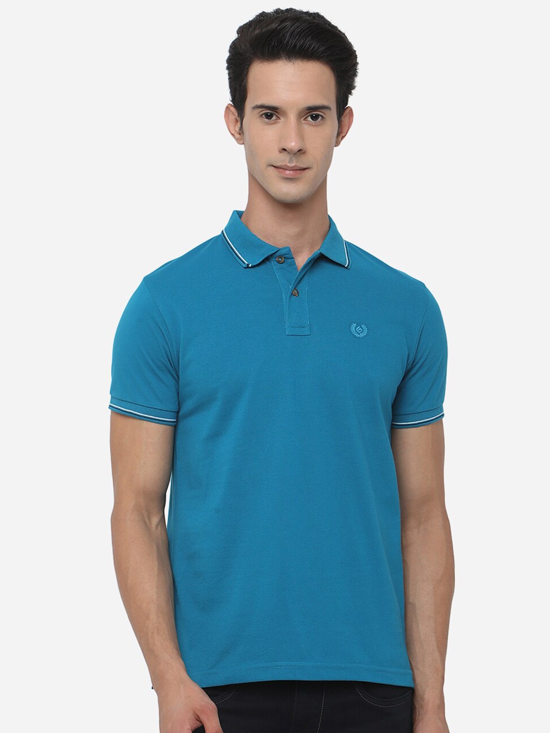 

Greenfibre Men Blue Polo Collar Slim Fit Cotton T-shirt