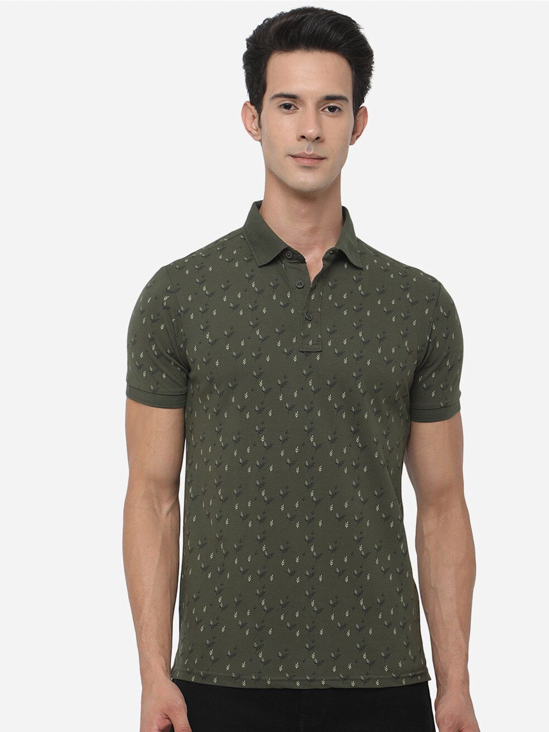 

JADE BLUE Men Green Printed Polo Collar Slim Fit T-shirt