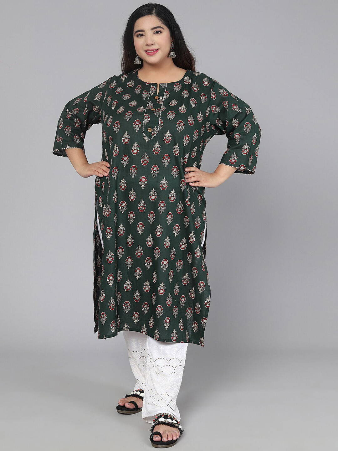 

Jevi Prints Women Green & Red Ethnic Motifs Printed Gotta Patti Plus Size Kurta