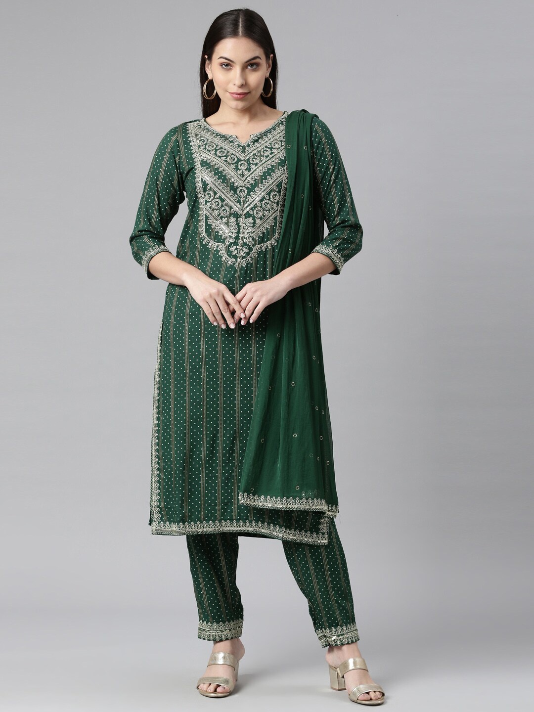 

Neerus Women Green & Silver Bandhani Embroidered Kurta with Trousers & With Dupatta