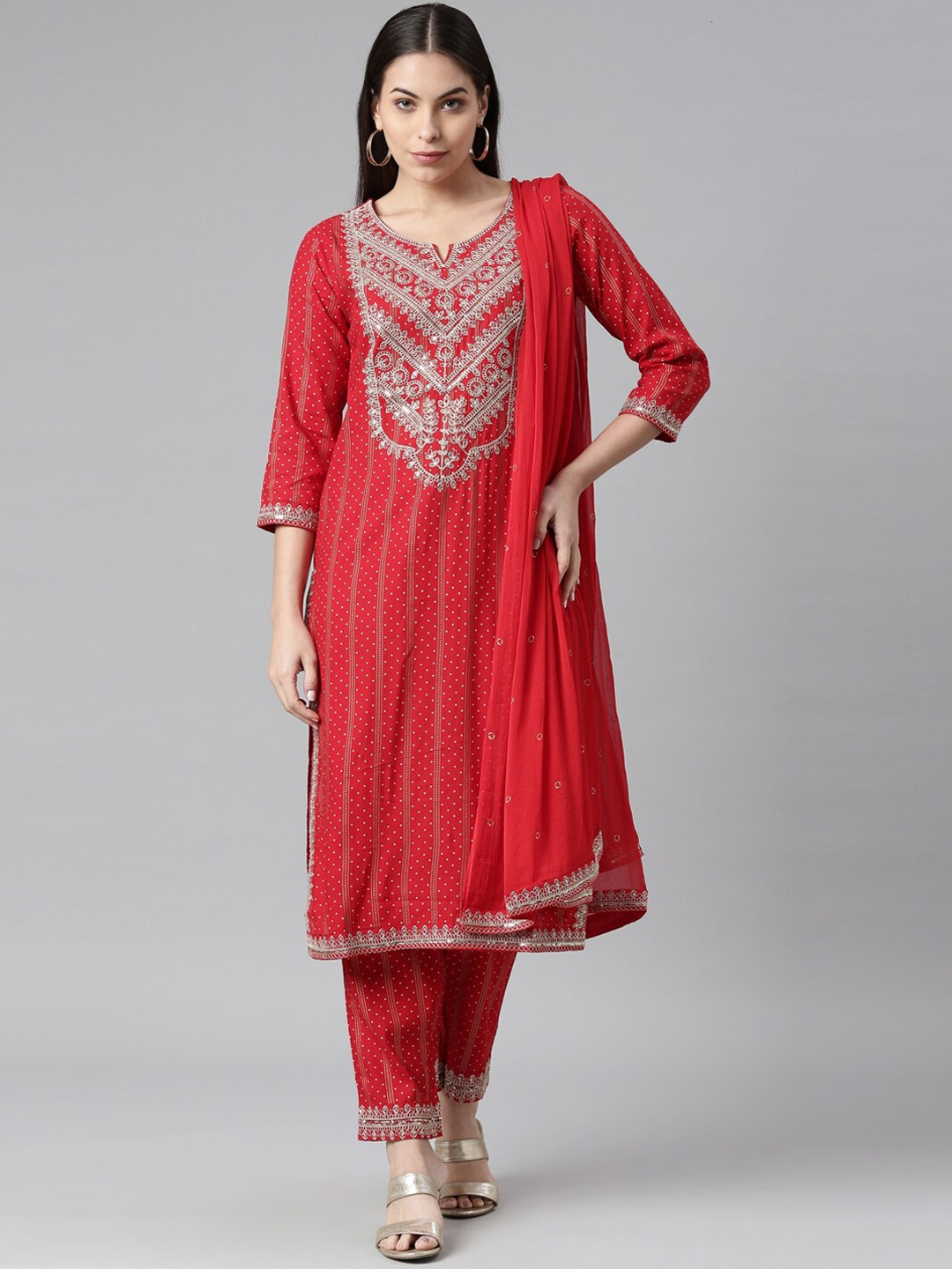 

Neerus Women Red Floral Printed Kurta with Trousers & With Dupatta