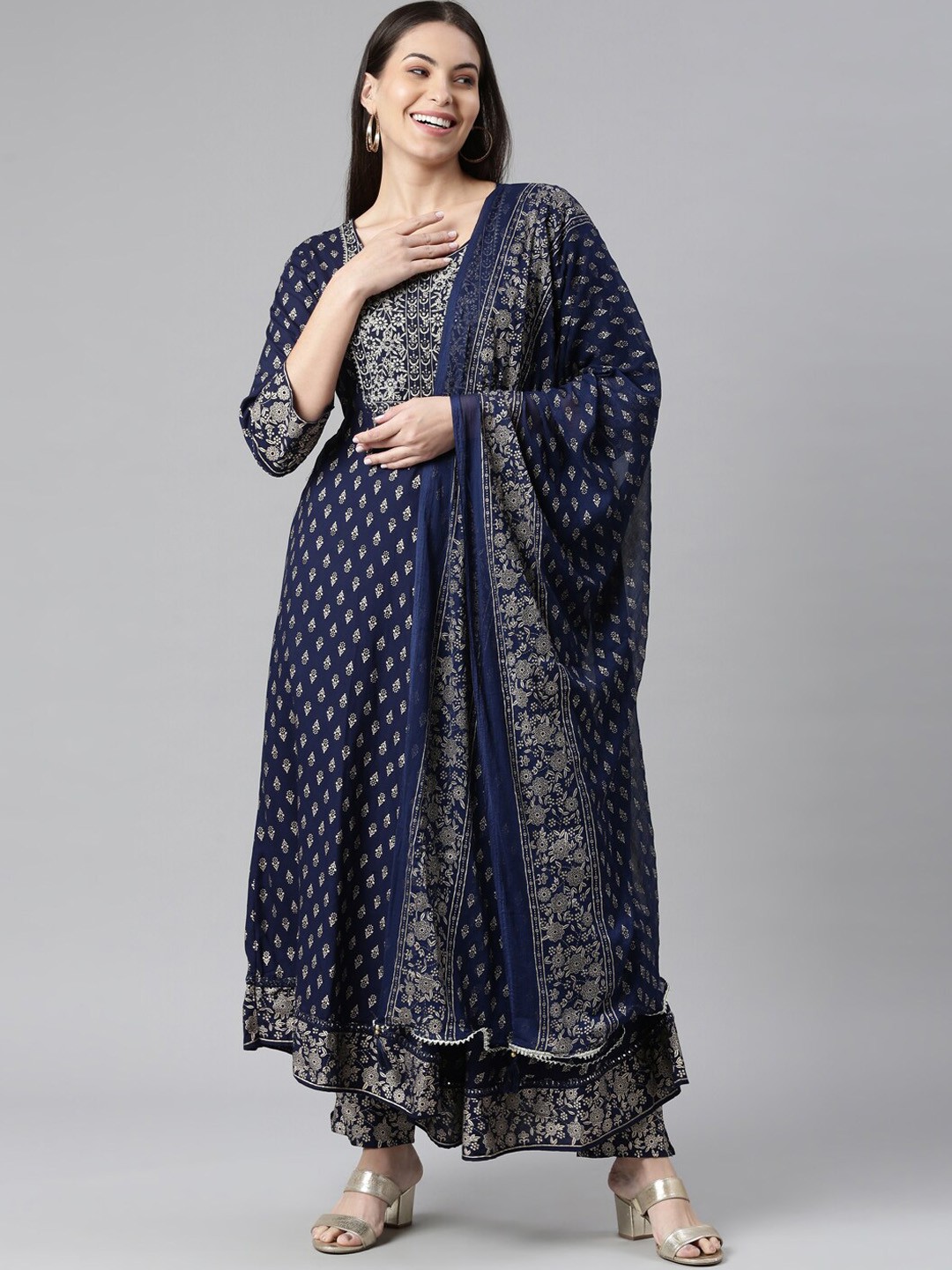 

Neerus Women Navy Blue Floral Printed Empire Kurta with Trousers & With Dupatta