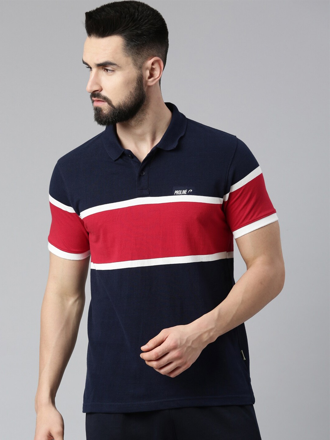 

Proline Active Men Blue Striped Polo Collar Applique T-shirt