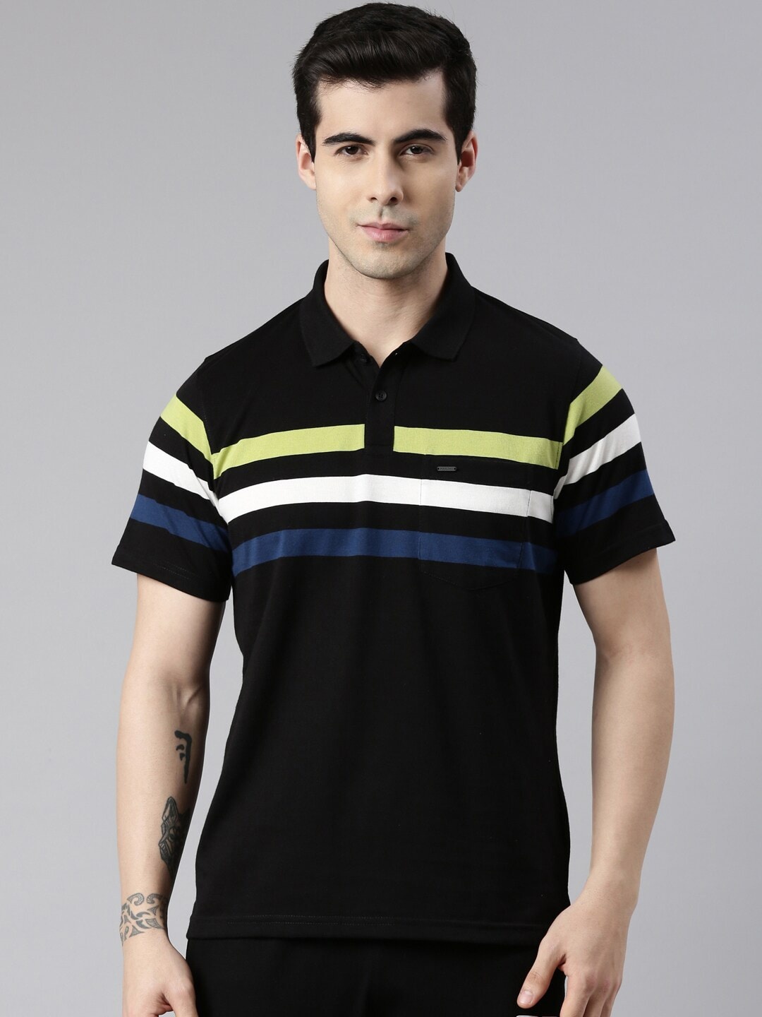 

Proline Active Men Black Striped Polo Collar T-shirt