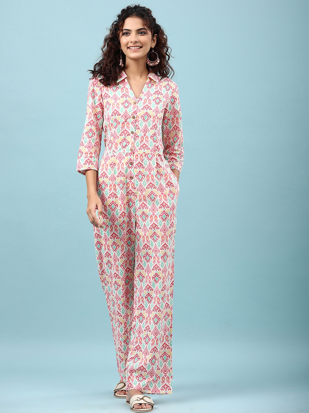 

JISORA Women White & Green Printed Cotton Jumpsuit