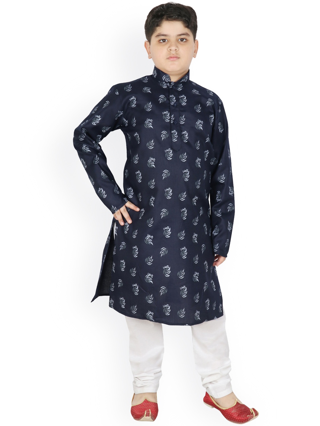 

SG YUVRAJ Boys Navy Blue Ethnic Motifs Printed Pure Cotton Kurta with Churidar