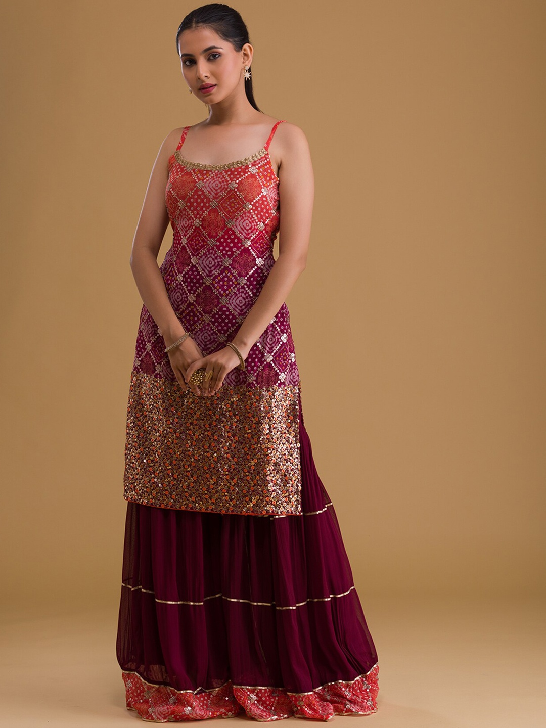 

Koskii Women Embroidered Straight Kurta with Sharara & With Dupatta, Orange