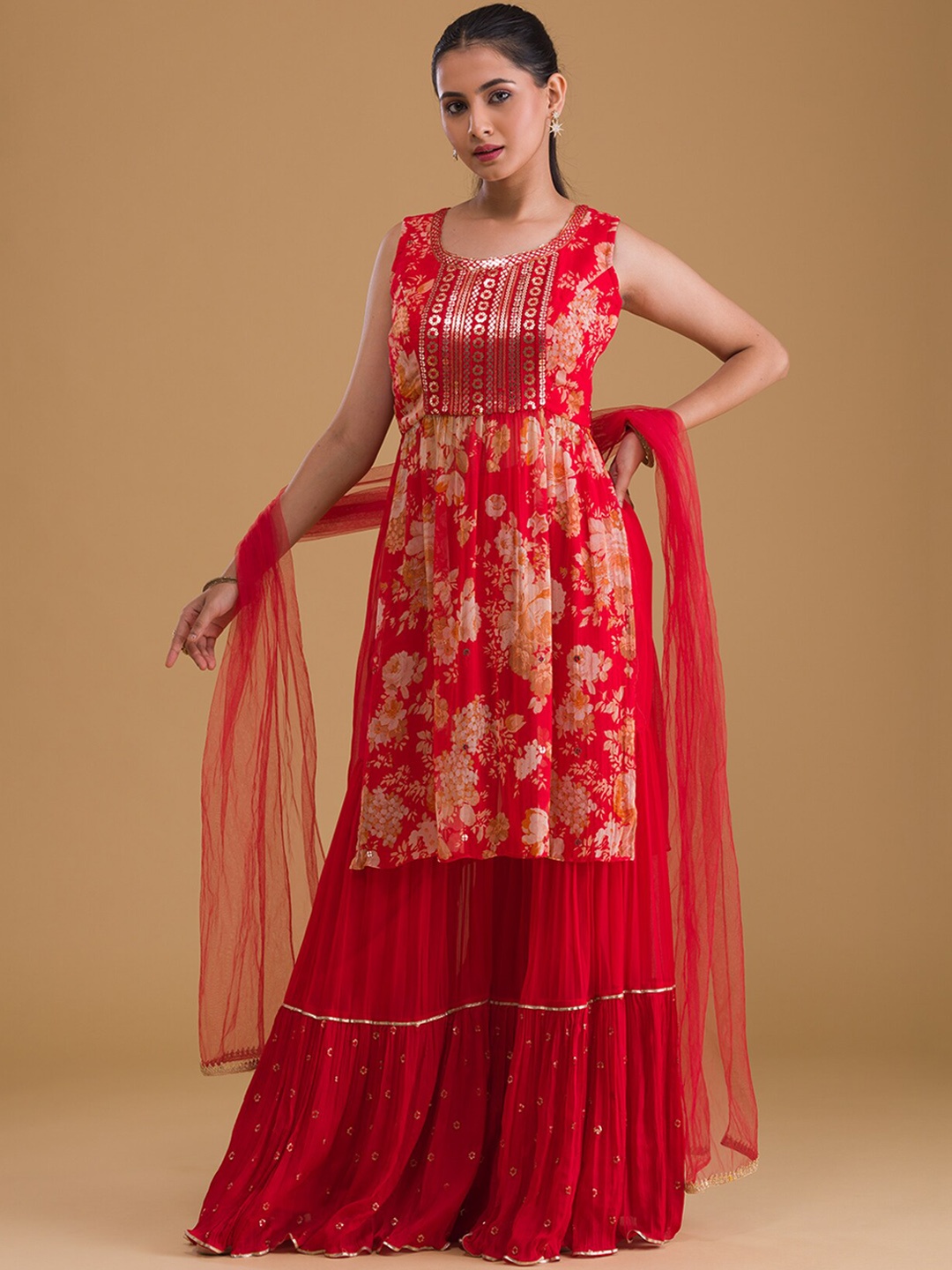 

Koskii Women Red Floral Printed Sequinned Kurta with Sharara & With Dupatta