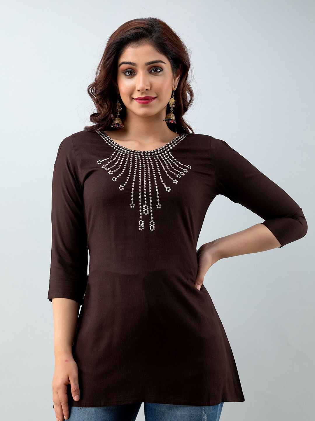 

CKM Brown Embroidered Longline Top