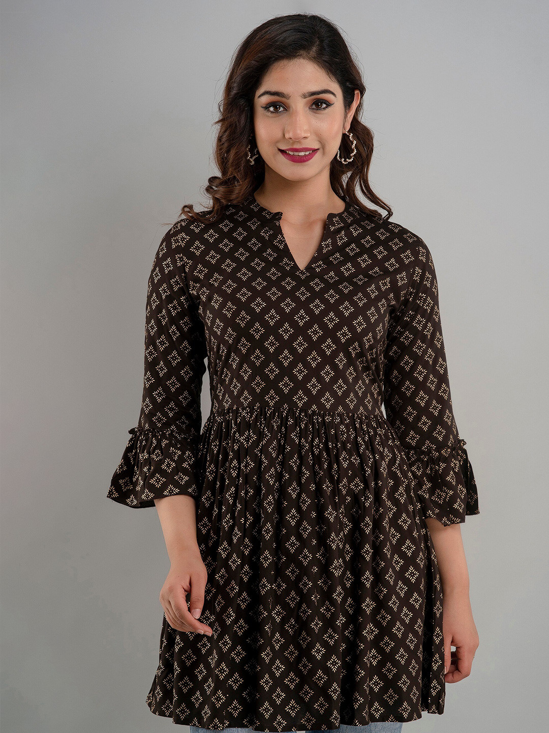 

CKM Ethnic Motifs Printed Bell Sleeves Kurti, Brown