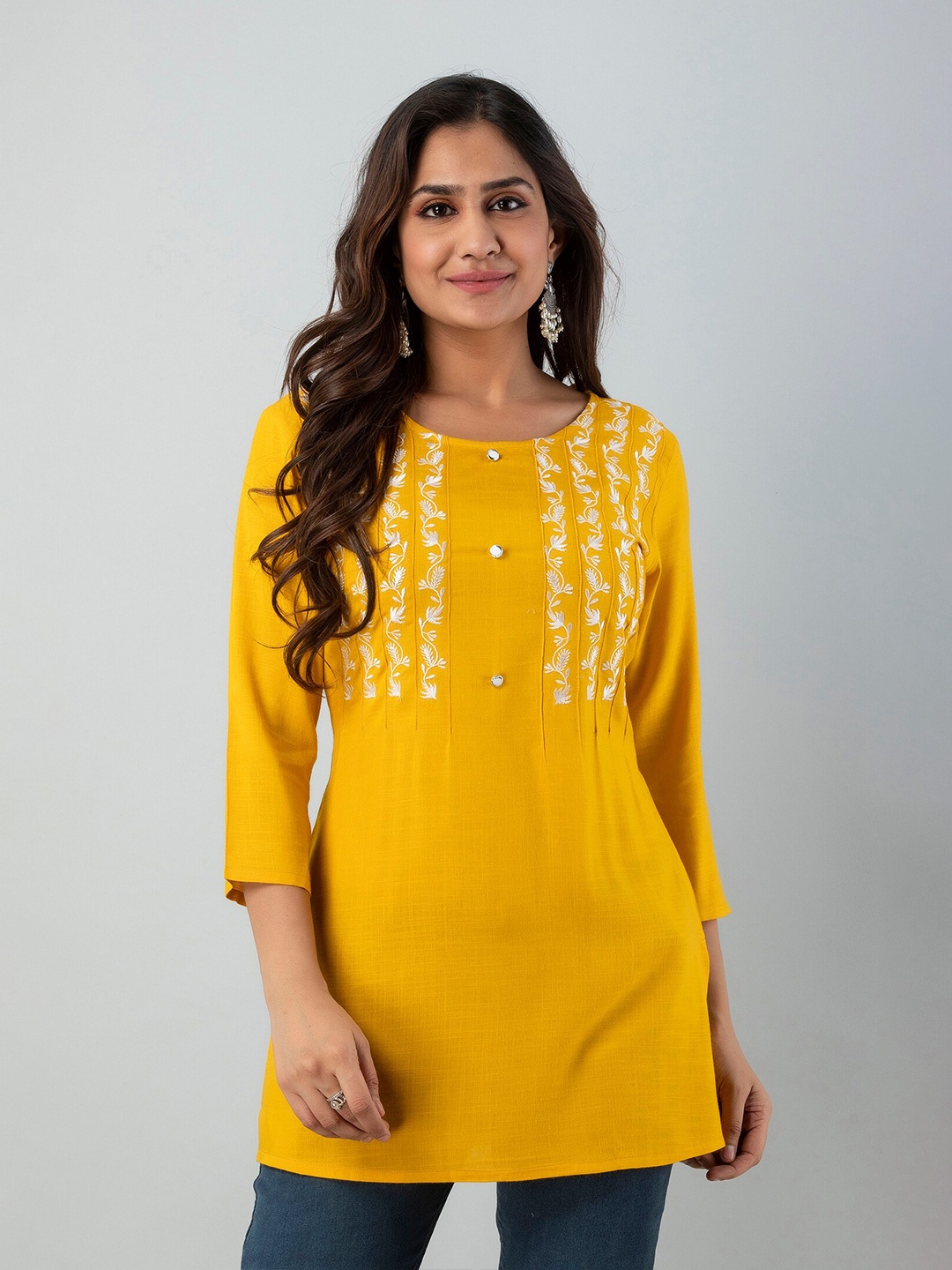 

CKM Mustard Yellow & White Floral Embroidered Longline Top
