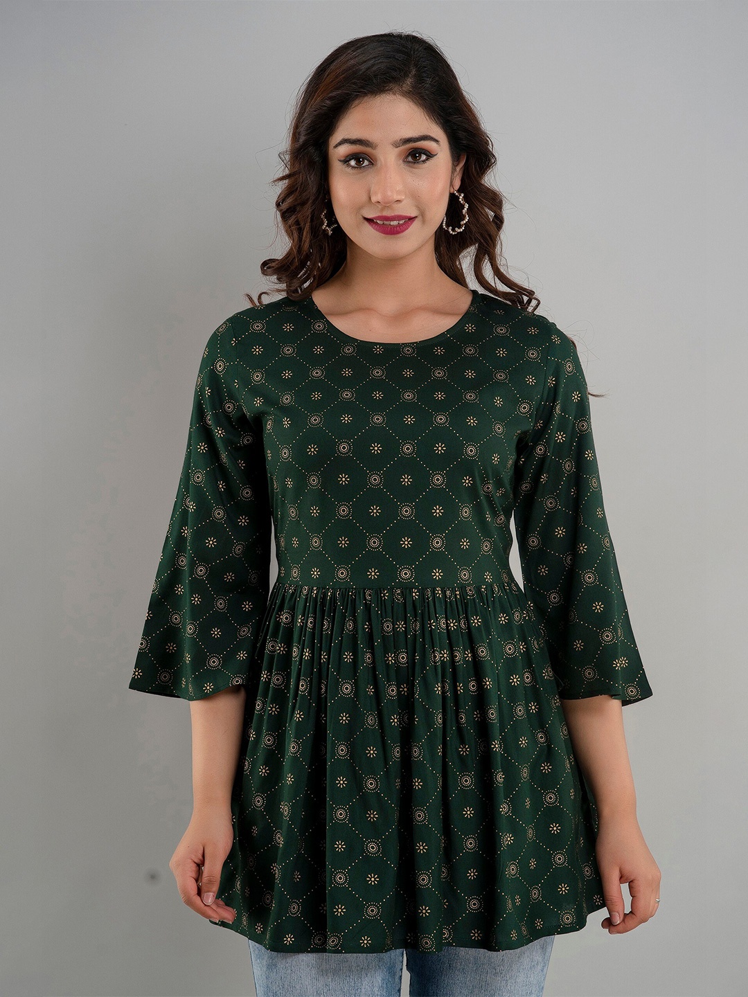 

CKM Women Bottle Green Ethnic Motifs Print Flared Sleeves Longline Peplum Top