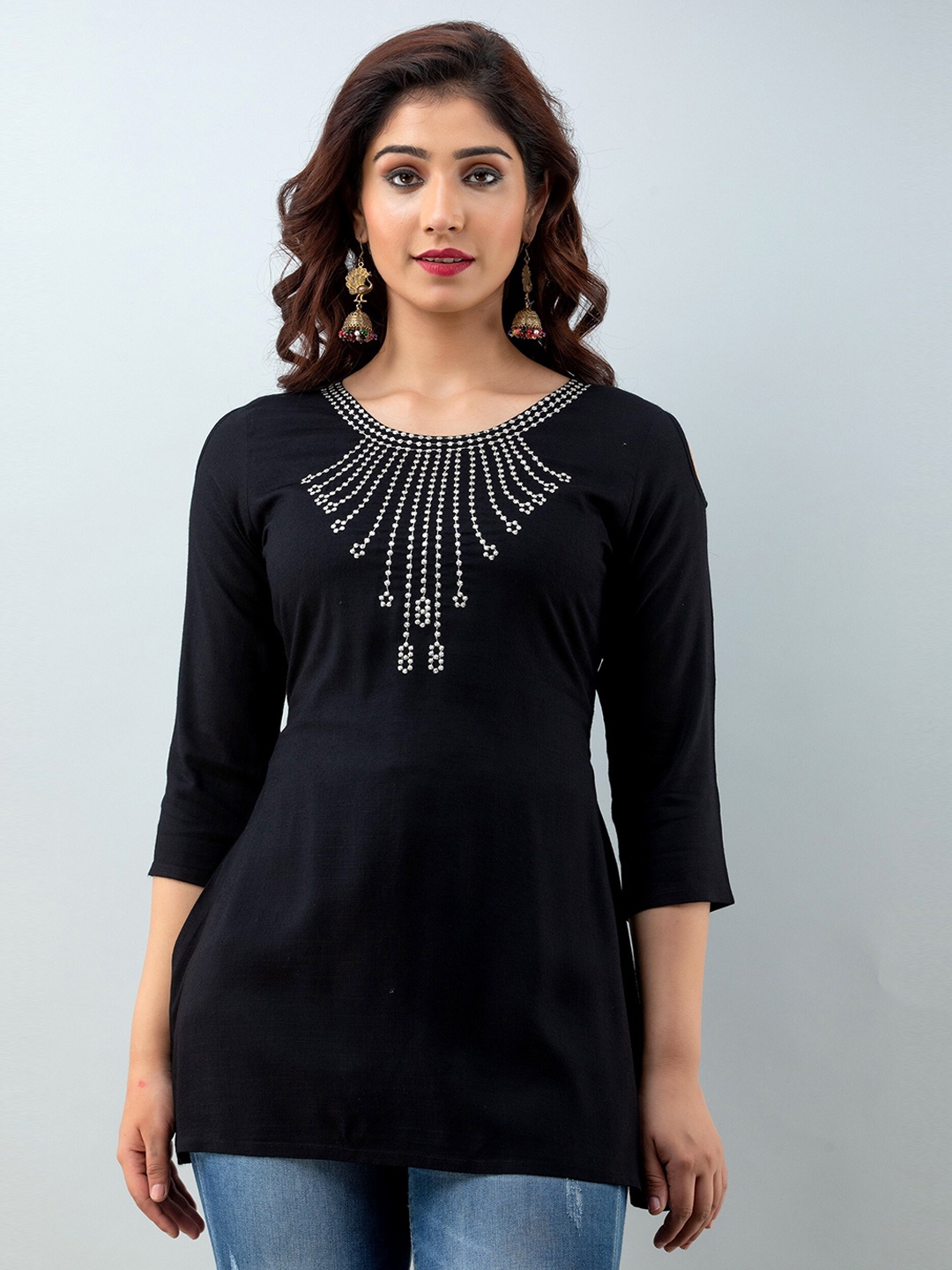 

CKM Women Black Embroidered Cold Shoulder Longline Top