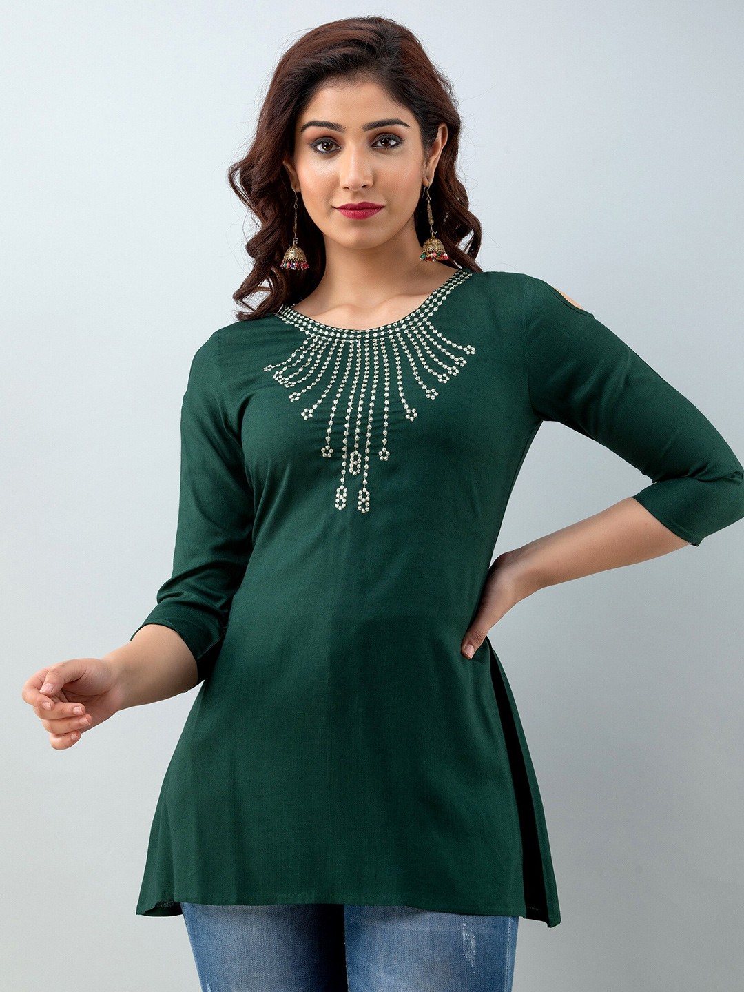 

CKM Women Bottle Green Embroidered Cold Shoulder Longline Top