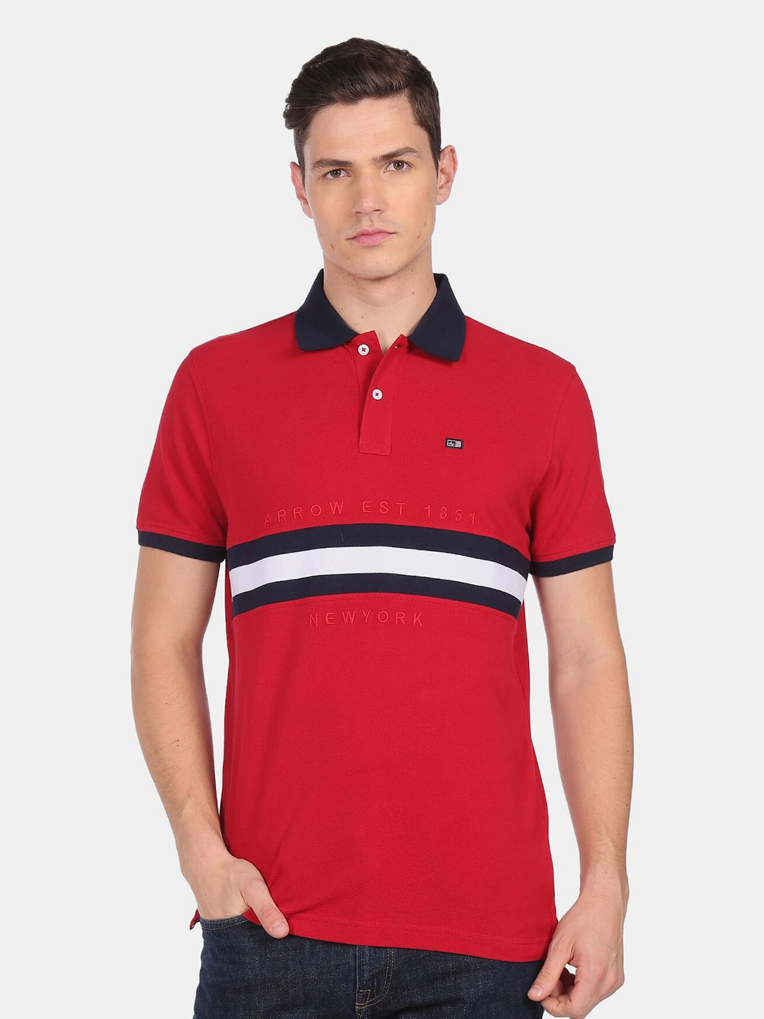

Arrow Sport Men Red & White Striped Polo Collar T-shirt