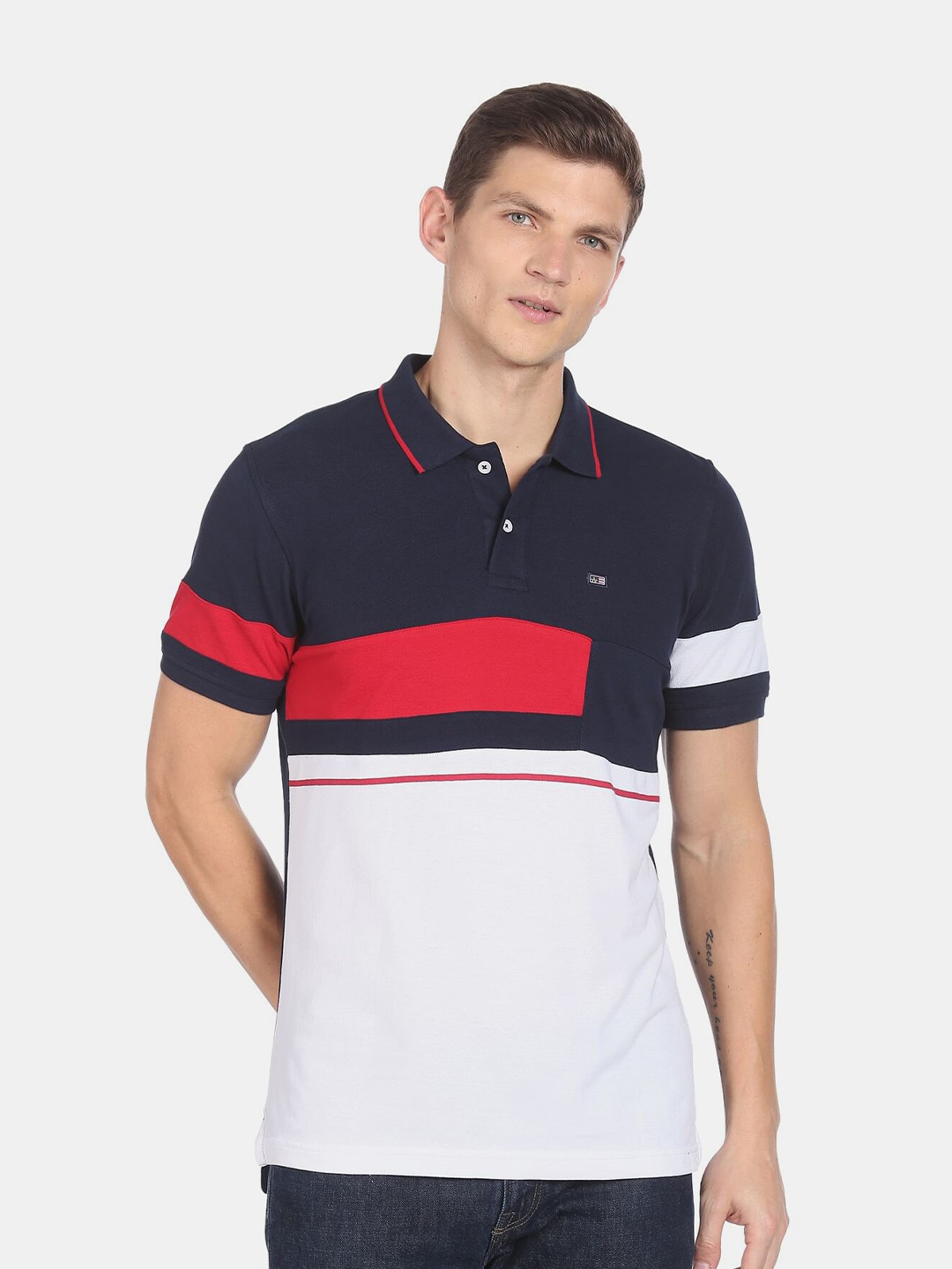 

Arrow Sport Men Navy Blue & White Colourblocked Polo Collar T-shirt